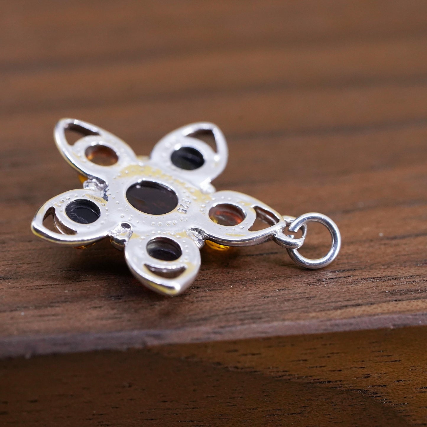 Vintage Sterling 925 silver handmade flower charm pendant with amber