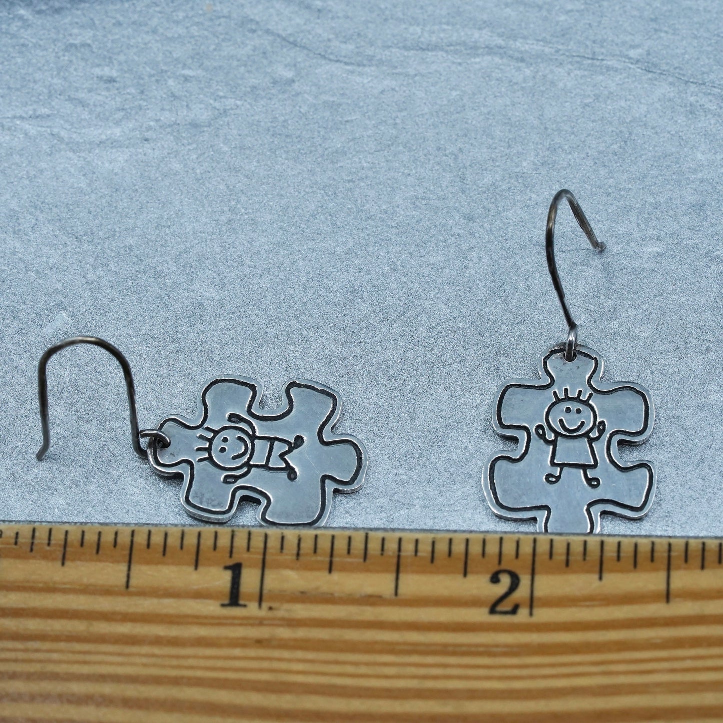Vintage Mexican Sterling 925 silver handmade puzzle earrings embossed boy