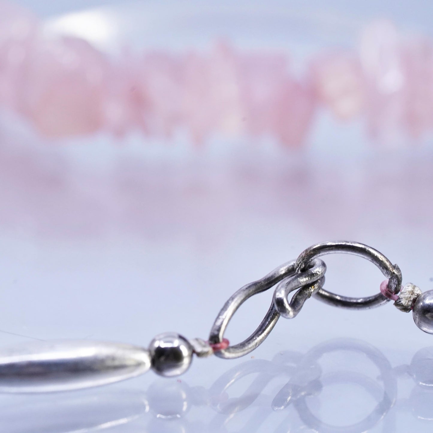 26" Vintage Sterling 925 silver necklace, Pink Quartz With Silver beads Detail
