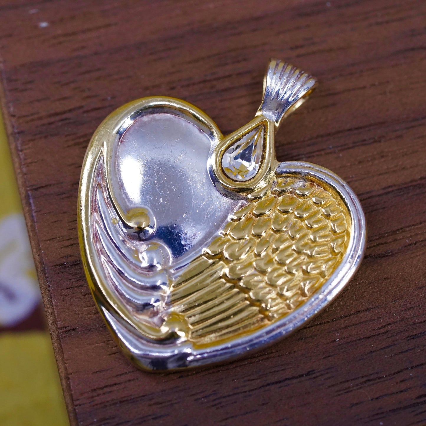 VTG BGE 18K Gold & 925 sterling Silver Heart Pendant angel’s wing teardrop cz