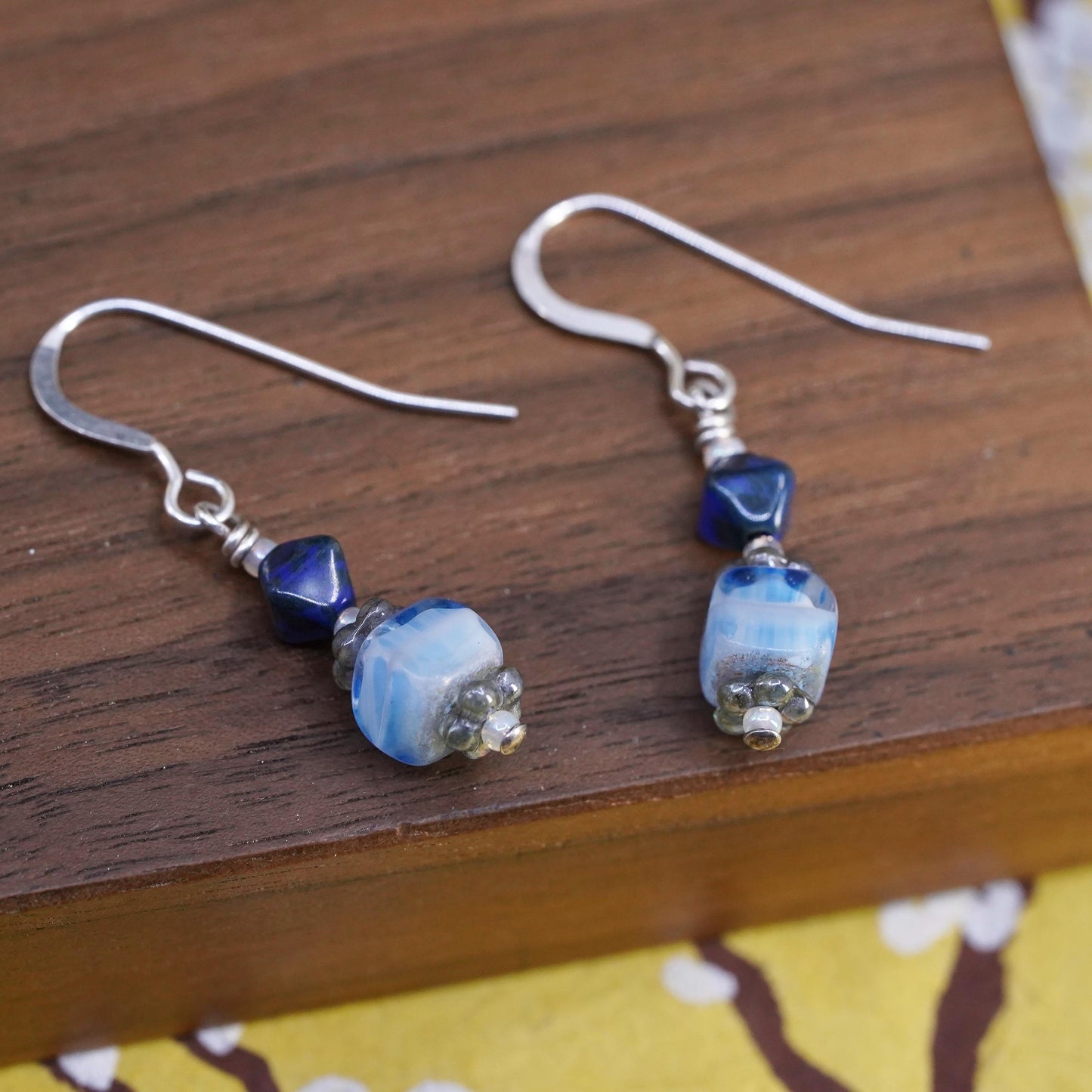 Vintage sterling 925 silver handmade earrings with lapis lazuli glass bead