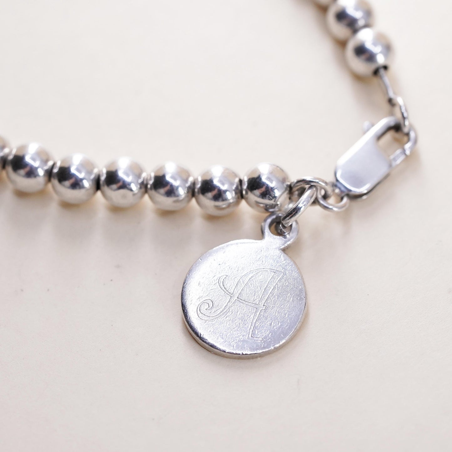 7” 5mm, Vintage sterling 925 silver bead bracelet tag charm engraved letter H