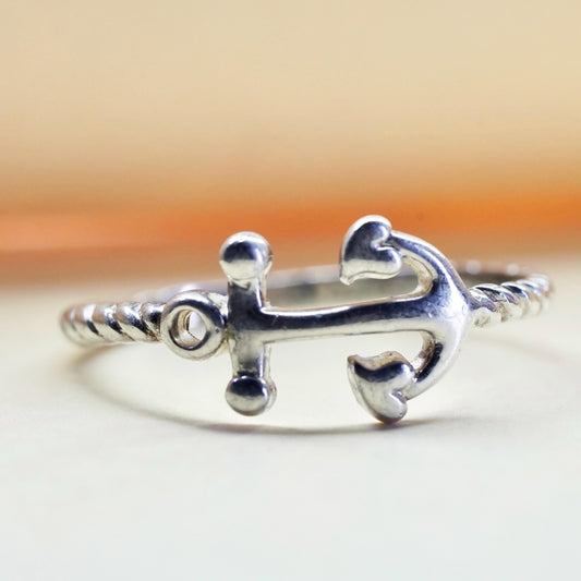 Size 8.25, vintage sterling silver ring, 925 thin stackable band heart anchor