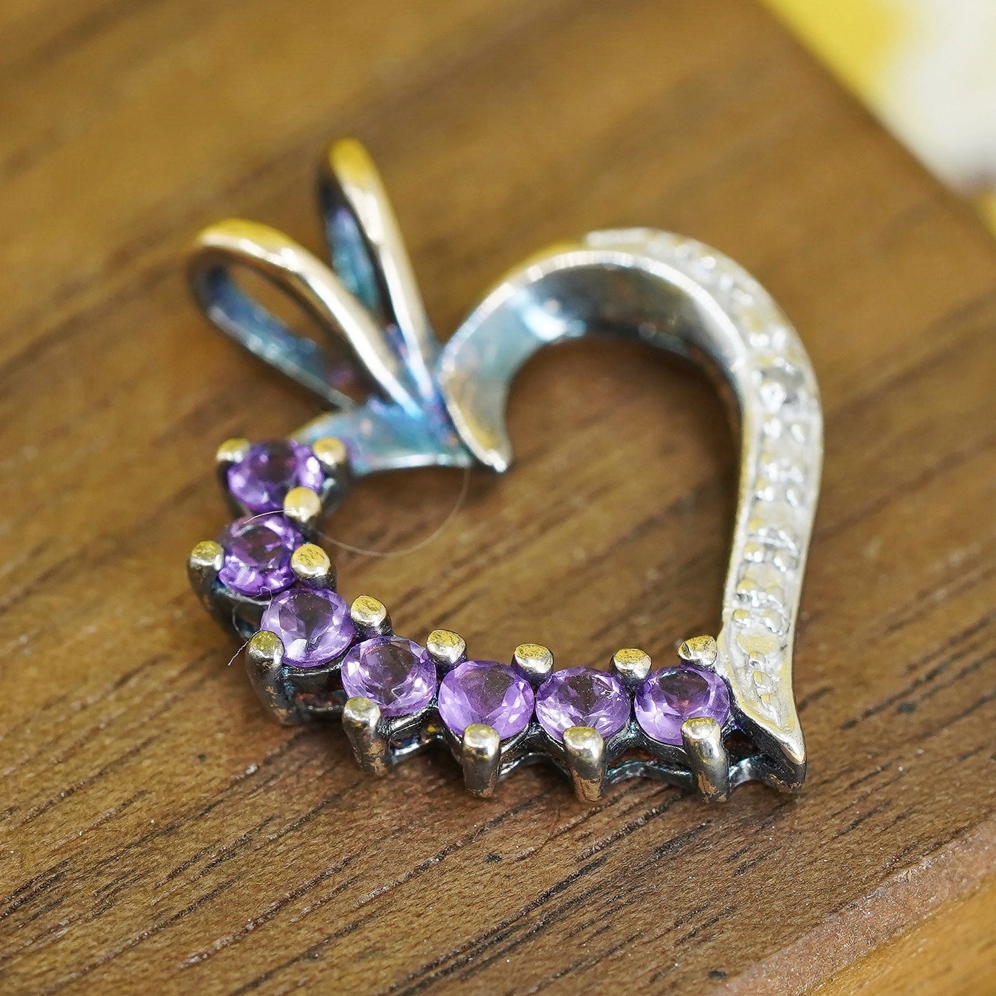 Vintage Sterling 925 silver pendant, heart with amethyst and diamond details