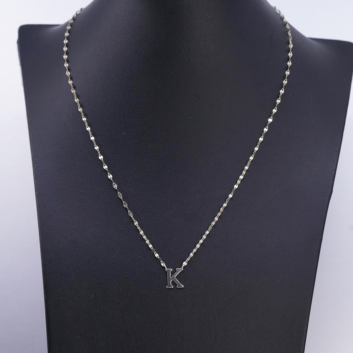 16+2", gold plated Sterling silver necklace, 925 flatten chain letter K pendant
