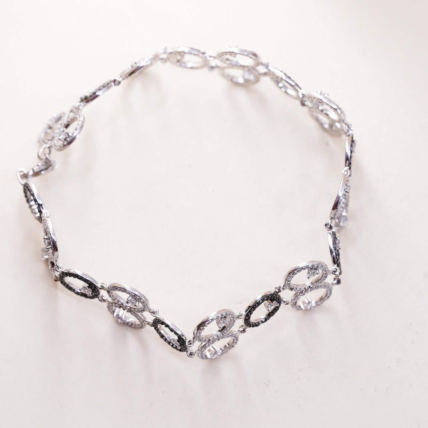 7.75", MISSING CZ, Vintage two tone Sterling 925 silver tennis bracelet with cz
