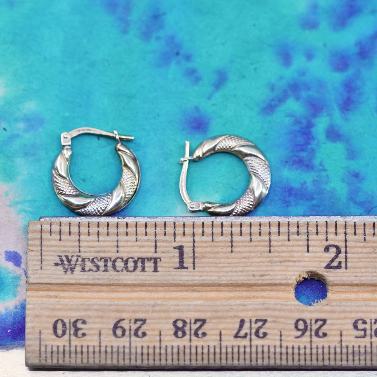 0.5”, 1/10 10K yellow gold Sterling silver textured hoop earrings, 925 huggie