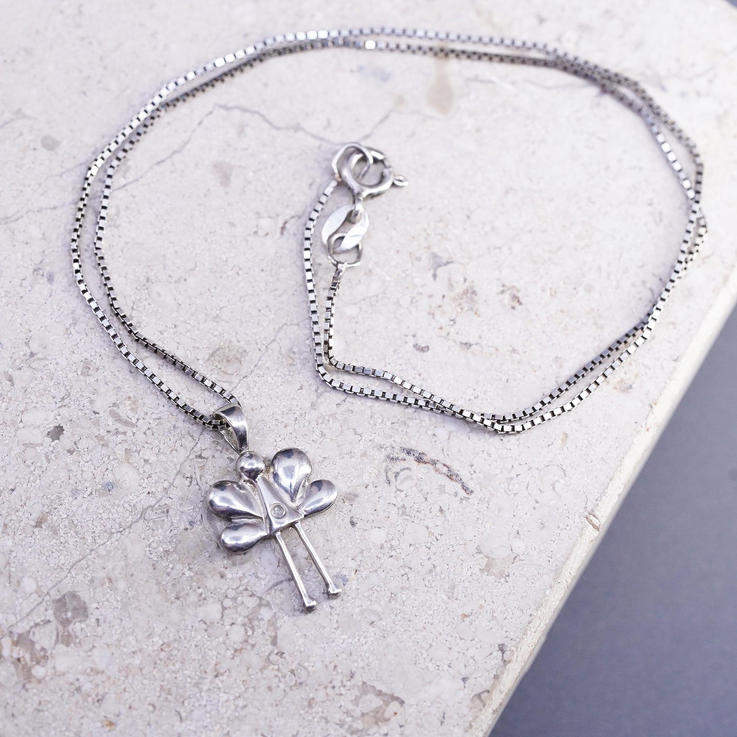 14", VTG sterling 925 silver box chain necklace Guardian angel charm pendant