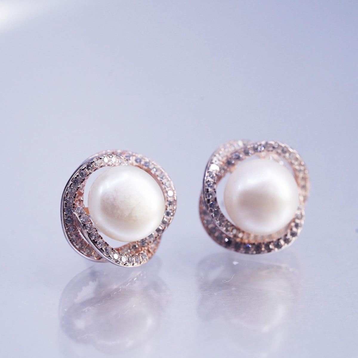 Vermeil Gold Sterling Silver 925 Earrings, Rose Gold Tone CZ Halo, Pearl Studs
