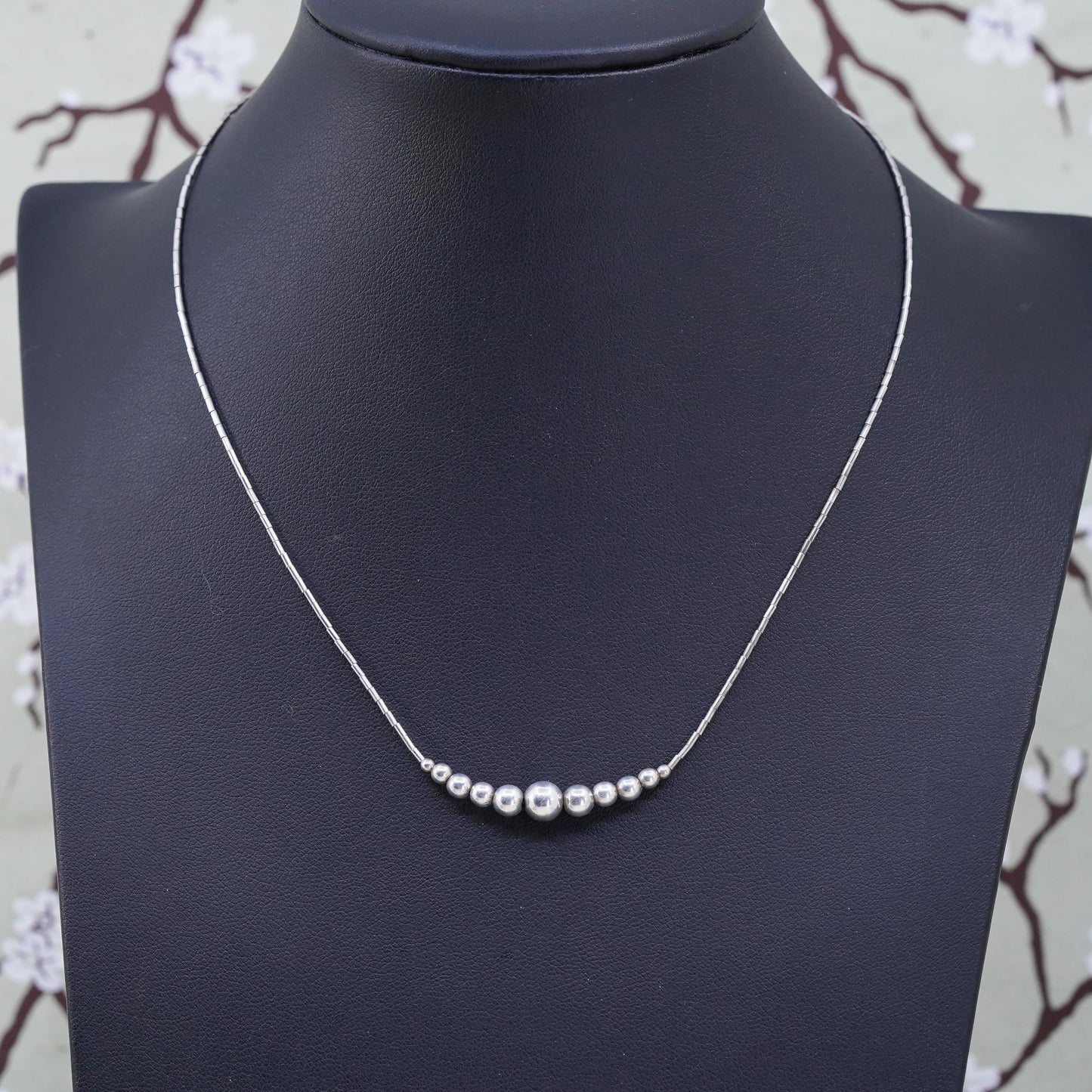 16", Vintage double strands sterling necklace, beads, Mexico 925 liquid silver