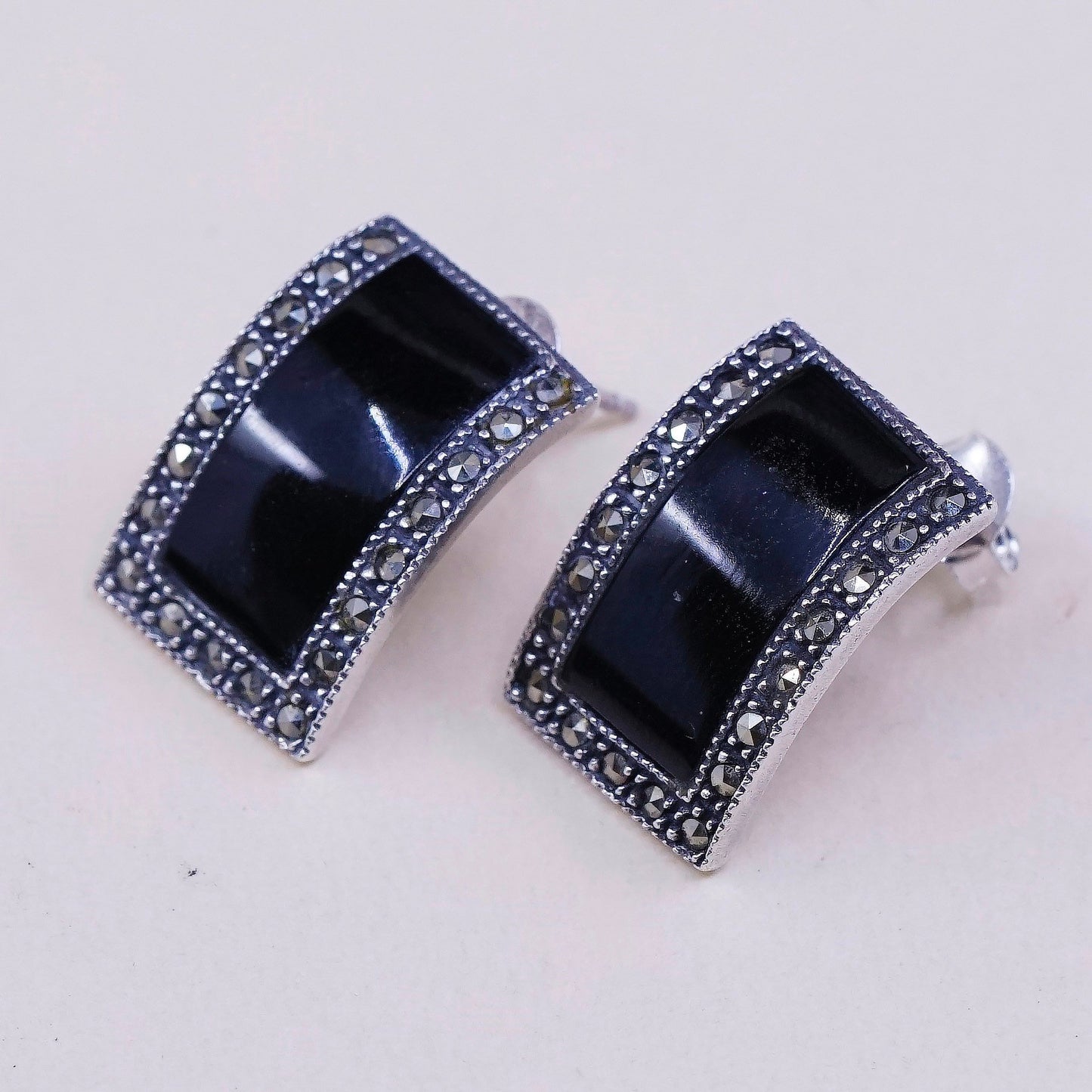 VTG Sterling silver handmade earrings, 925 stud w/ obsidian n marcasite