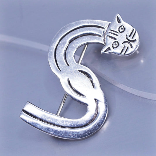 Vintage sterling silver handmade brooch, 925 letter S kitty cat pin