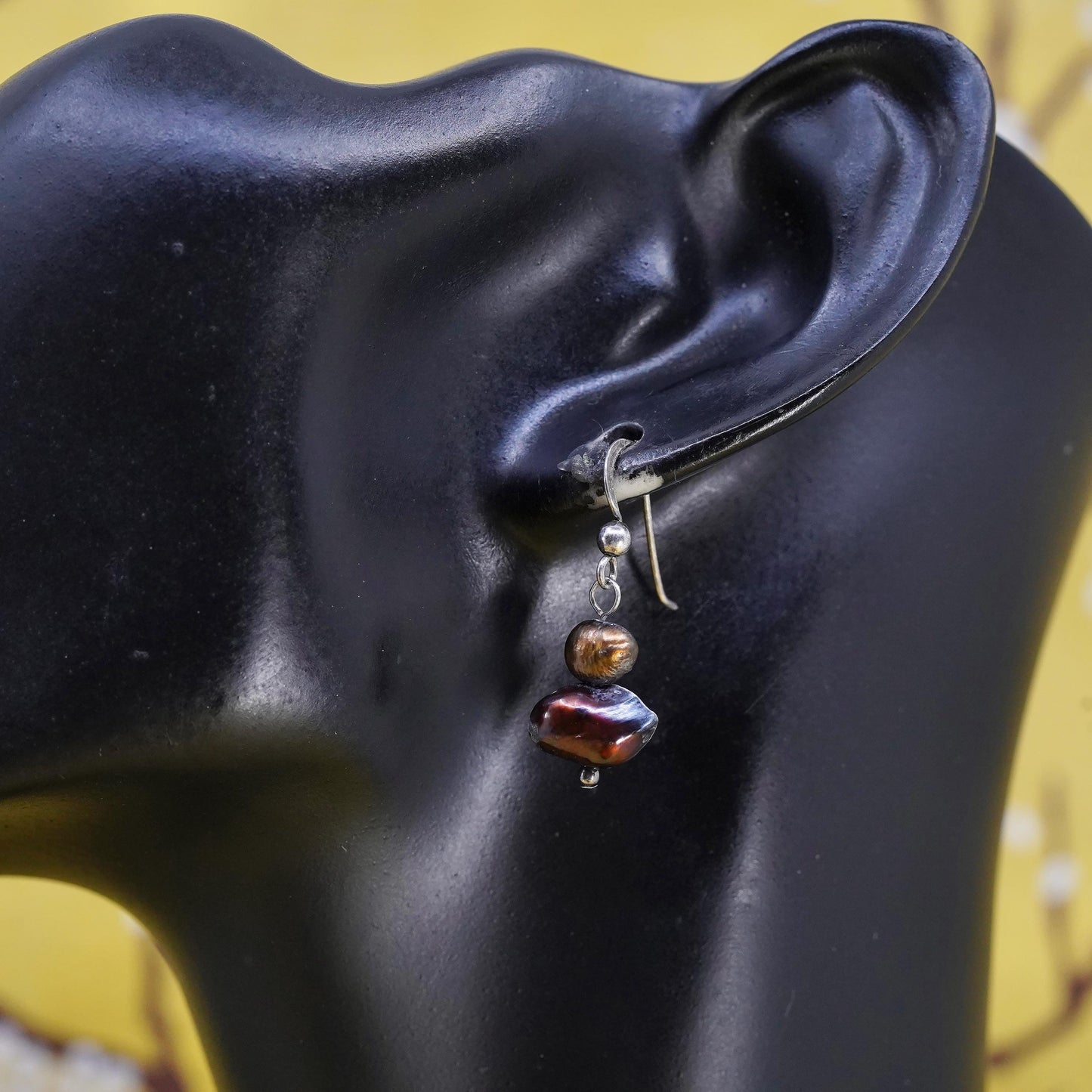 Vintage Sterling 925 silver handmade earrings with black pearl
