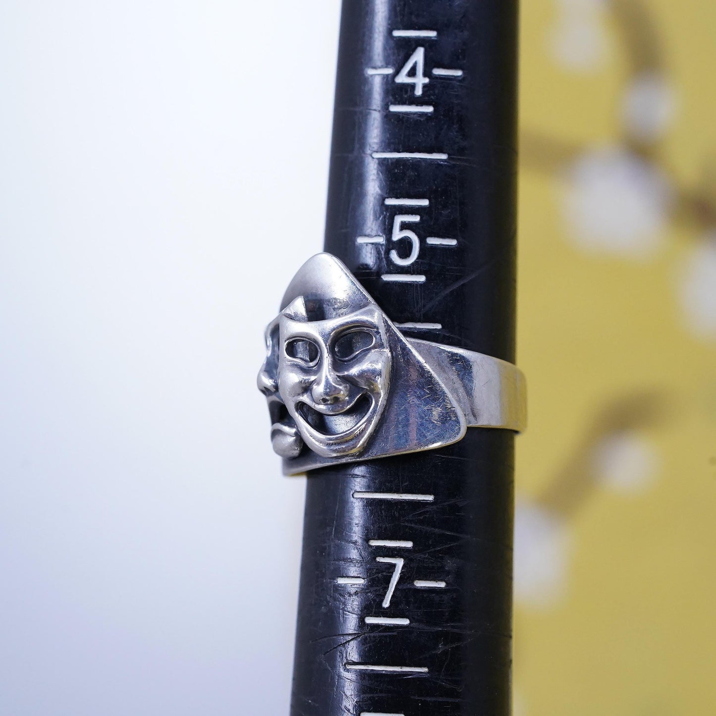 Size 6, Vintage 925 Sterling Silver Comedy Tragedy Mask Ring Theater Drama Band