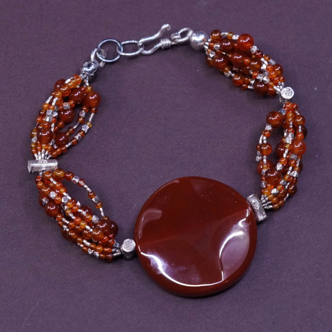 6.5”, vtg sterling silver handmade bracelet, 925 carnelian bead