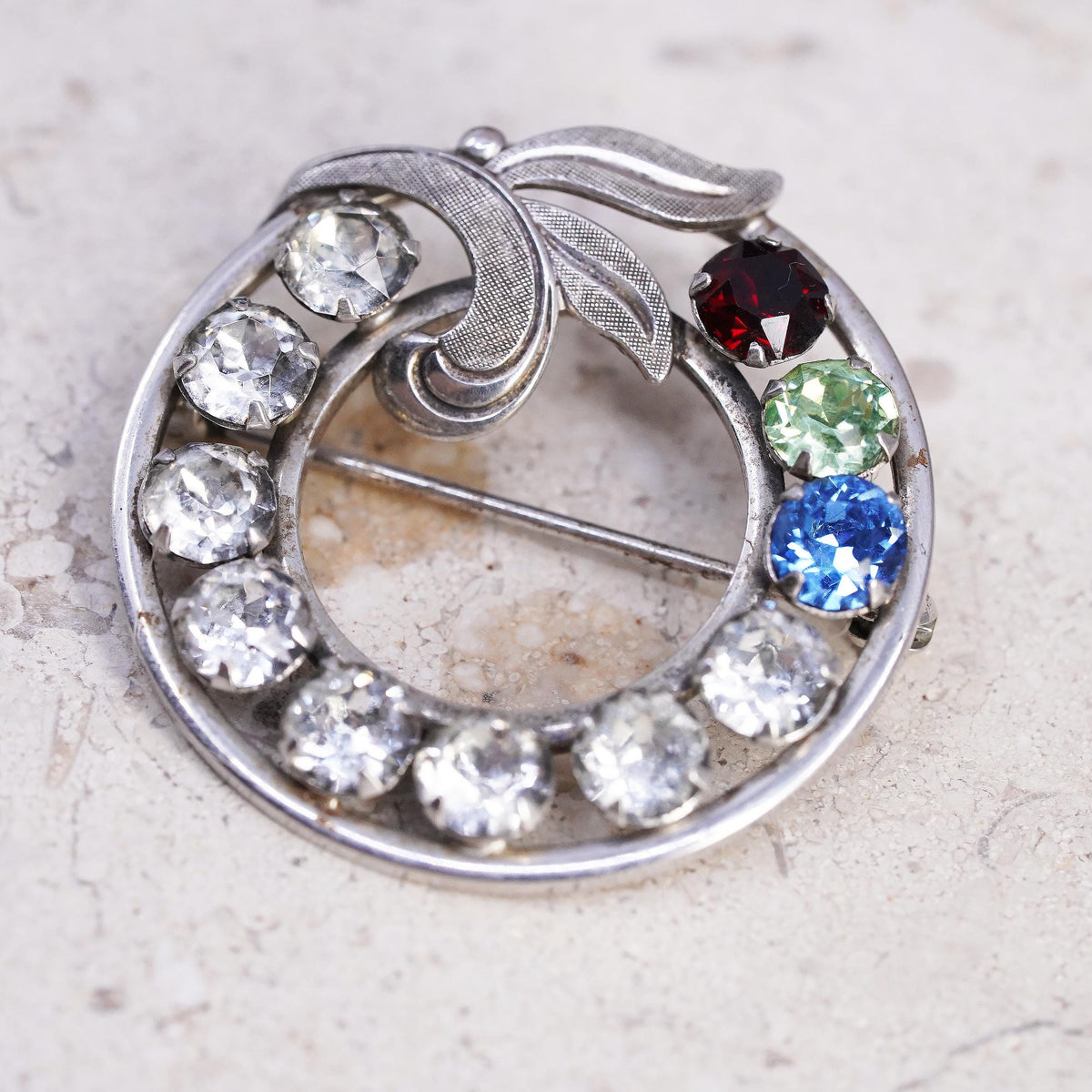 Vintage Van Dell Sterling silver handmade brooch, 925 circle pin w/ Rhinestone