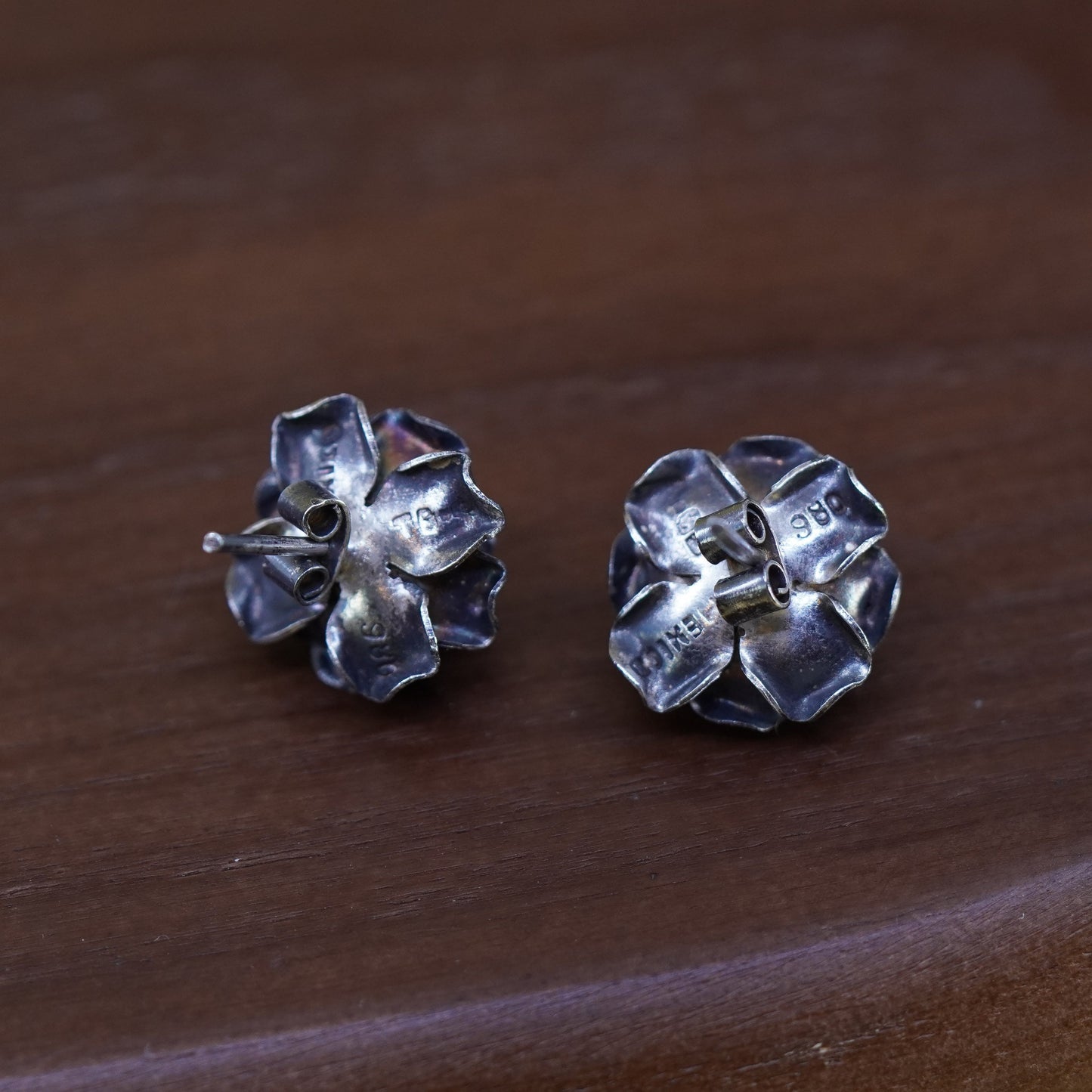 Vintage mexico Sterling silver handmade earrings, 925 rose flower studs