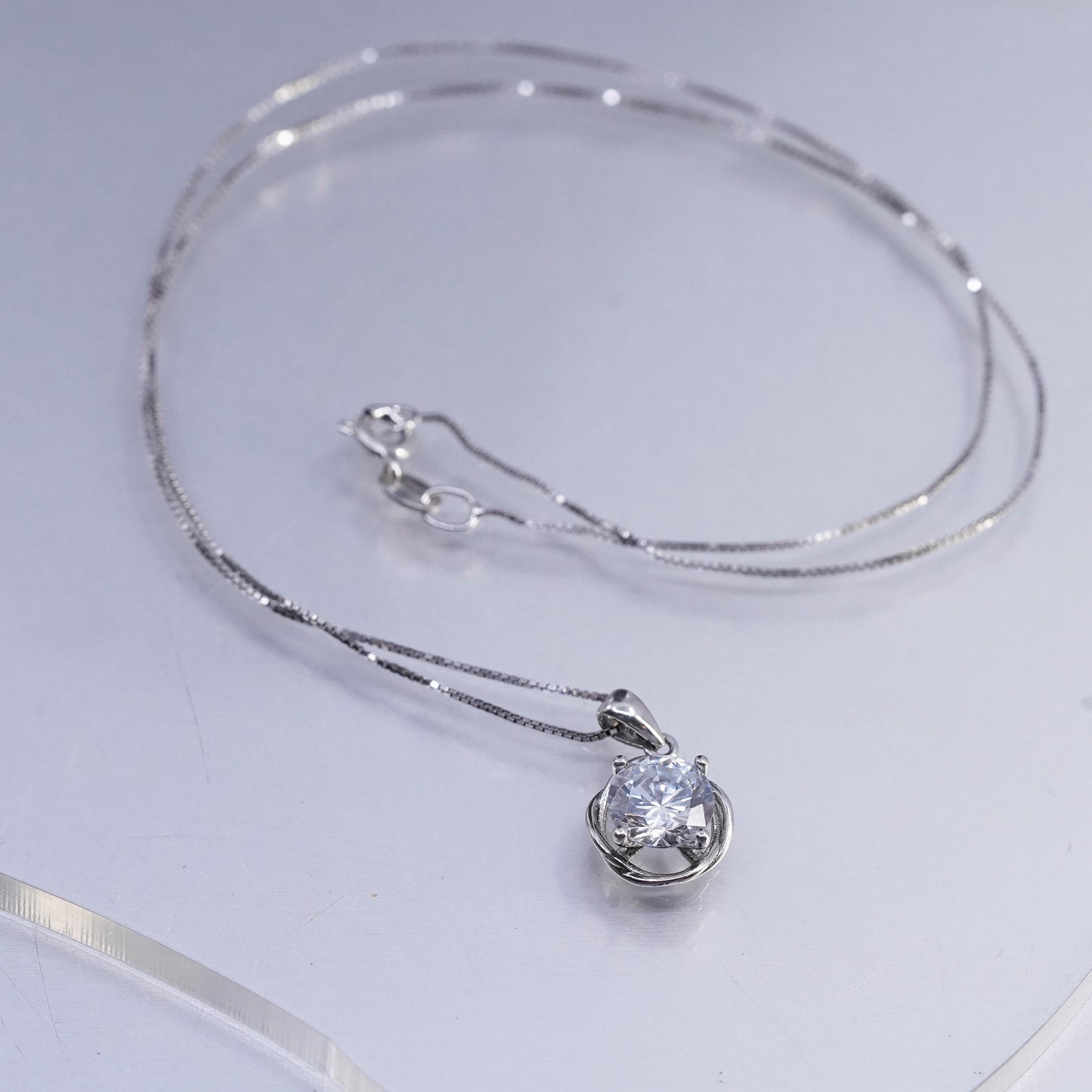 18" 1mm, vintage Sterling 925 silver handmade box necklace with cz pendant
