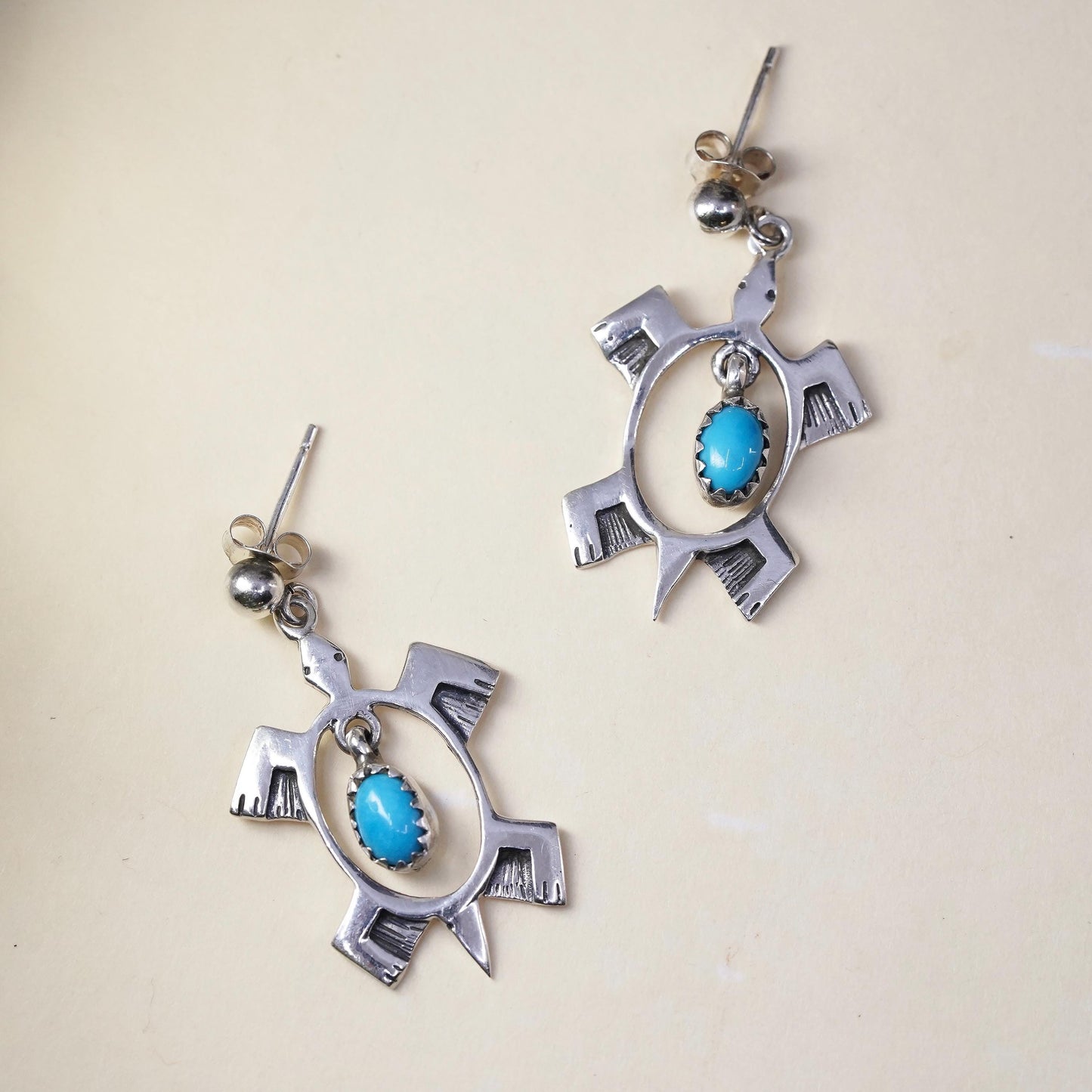 Native American Sterling silver handmade earrings, navajo 925 turtle turquoise