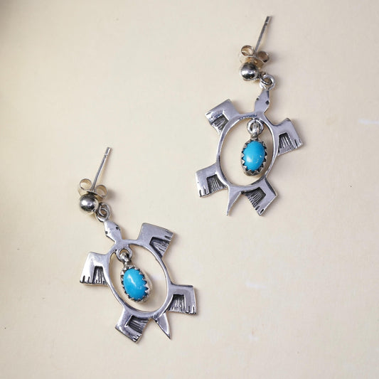 Native American Sterling silver handmade earrings, navajo 925 turtle turquoise