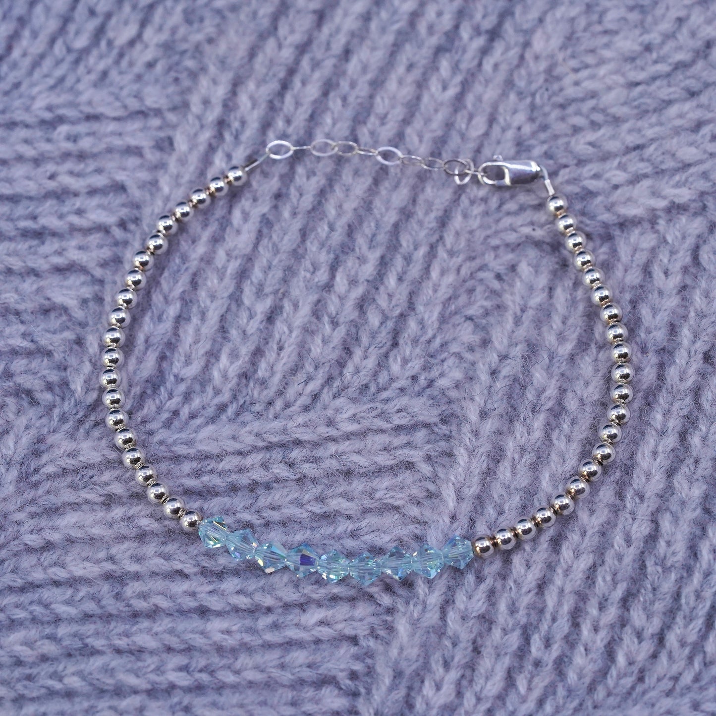 7.25”, vintage sterling 925 silver handmade beads bracelet with blue crystal