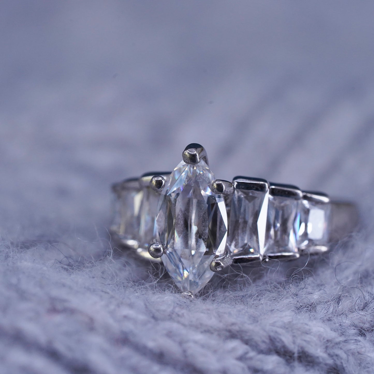 Size 8, vintage Sterling 925 silver engagement ring with cluster Cz around