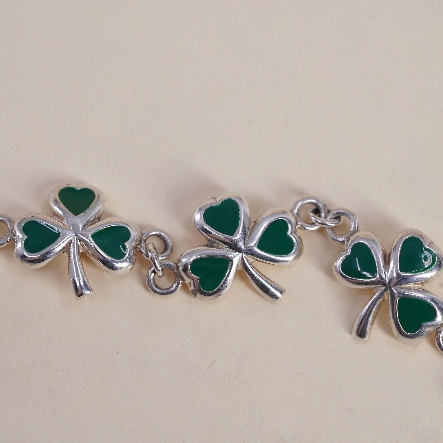 8", Sterling Silver Green Enamel Shamrock Bracelet, Irish Lucky Clover, Jewelry