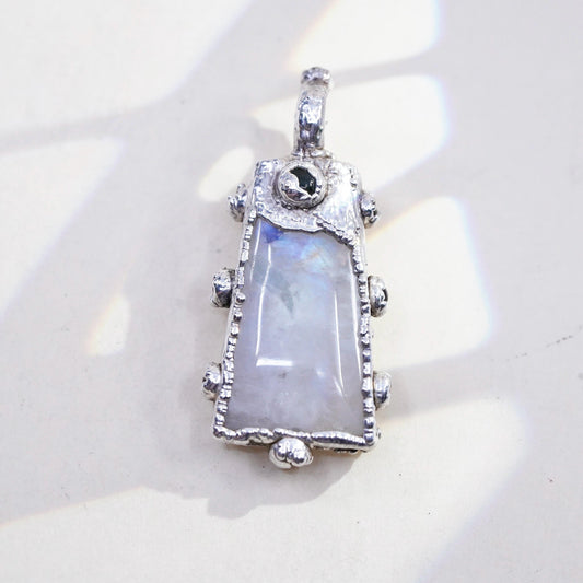 Brutalist Rainbow Moonstone Garnet Pendant, Freeform 925 Sterling Silver Charm