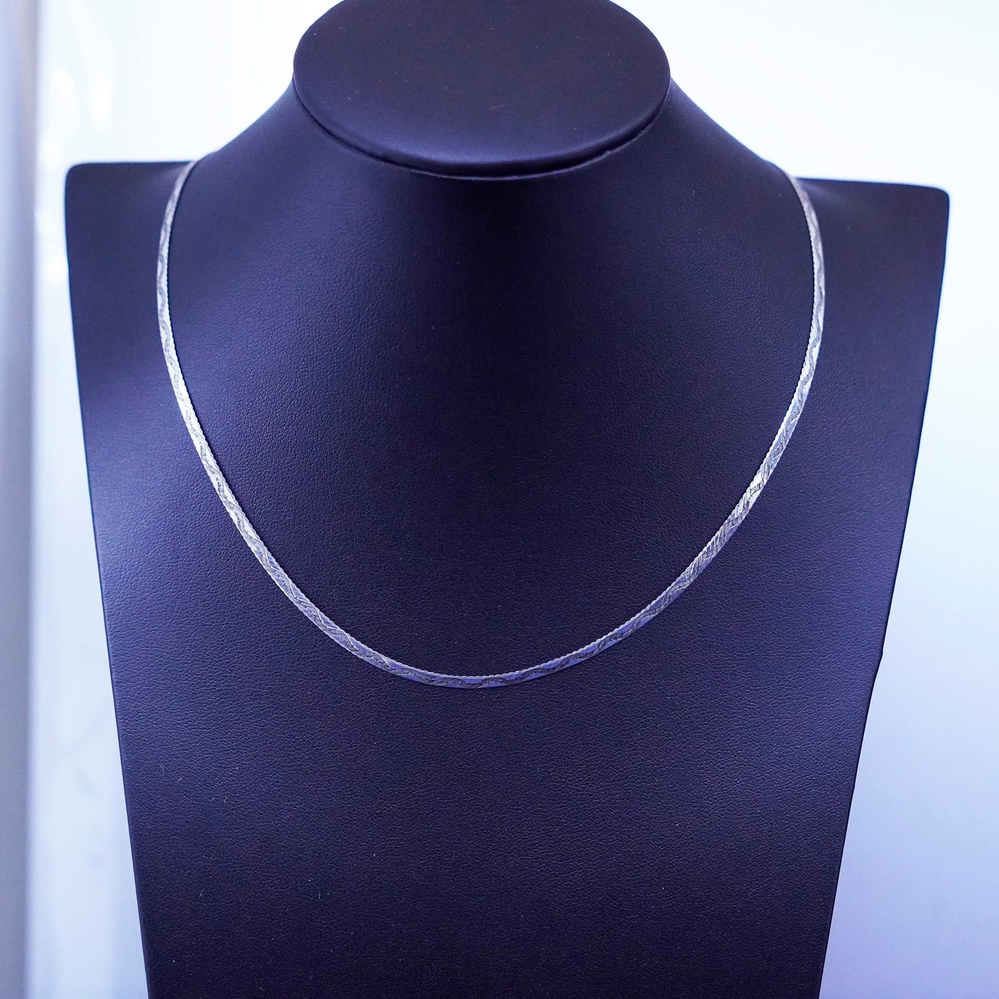 18”, vintage Sterling silver handmade necklace, textured 925 herringbone chain