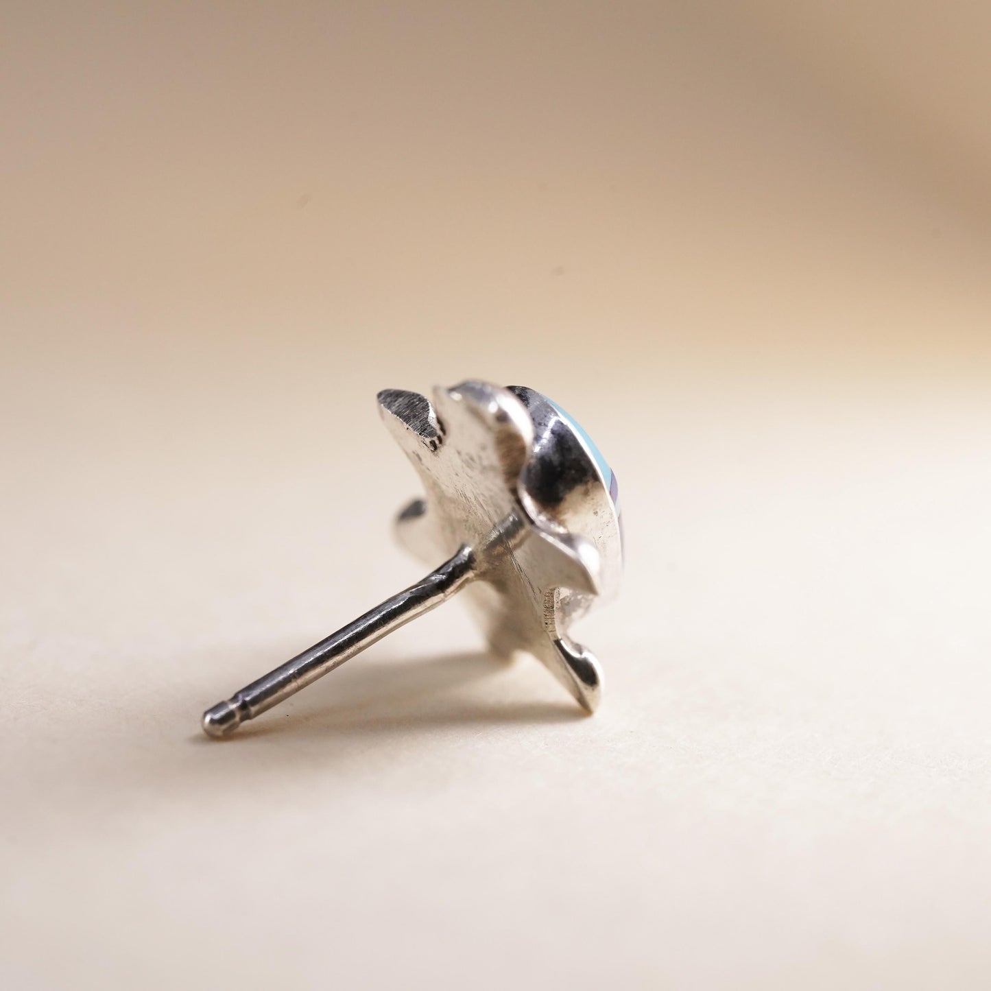 Vintage Sterling 925 silver handmade turtle stud with turquoise, single earring