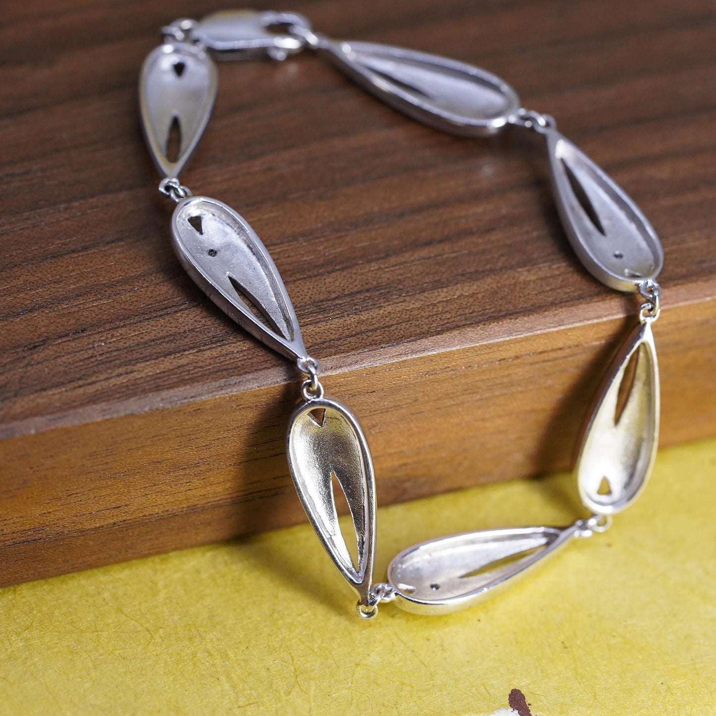 6.5”, vintage Sterling silver tennis bracelet, 925 teardrop link chain diamonds