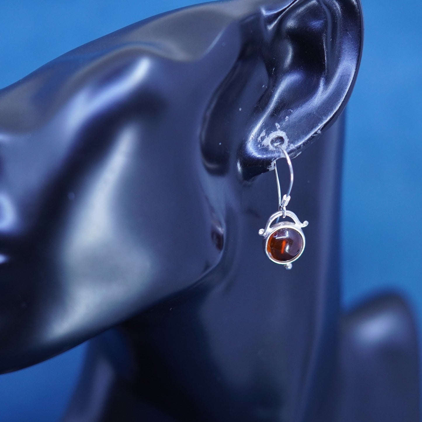 Vintage sterling 925 silver handmade earrings with round amber