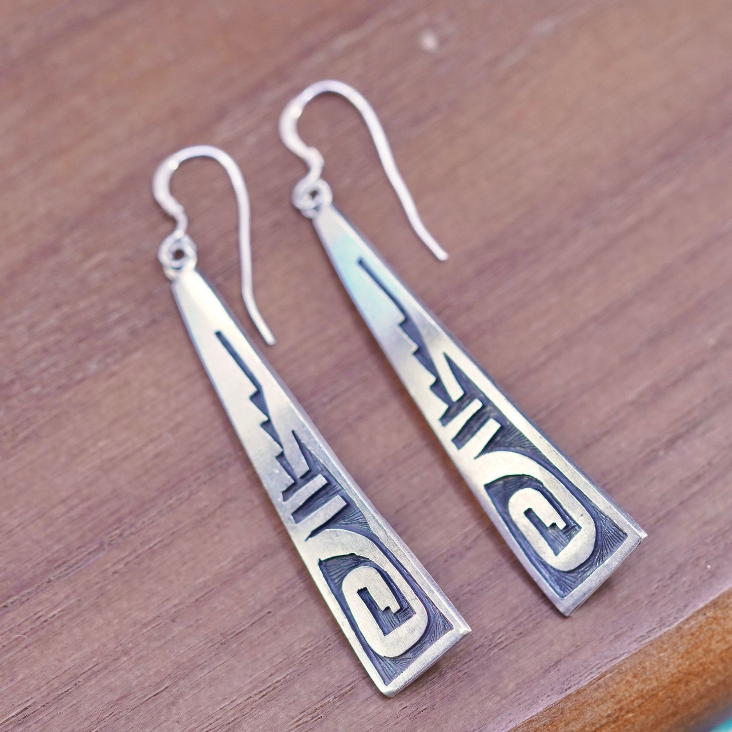 Native American designer sterling 925 silver handmade patterned long earrings