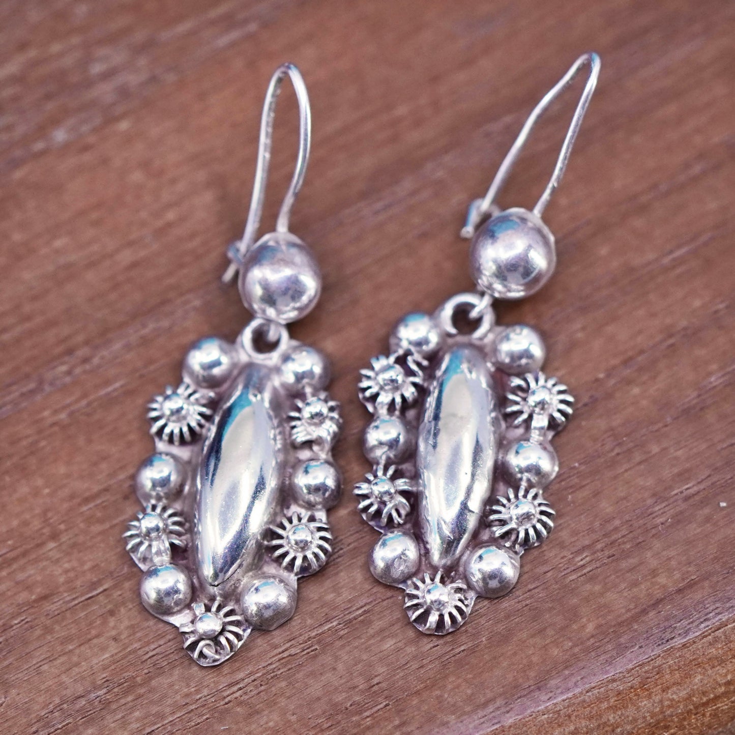 Vintage sterling silver handmade earrings, 925 marquise shaped beaded drop