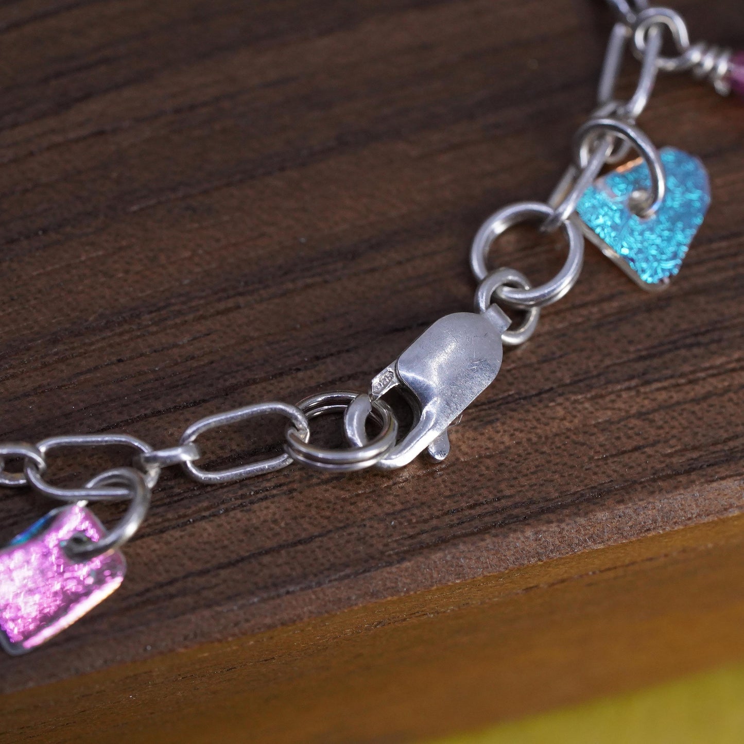 7.25", VTG Sterling silver handmade bracelet 925 oval chain foiled glass charms