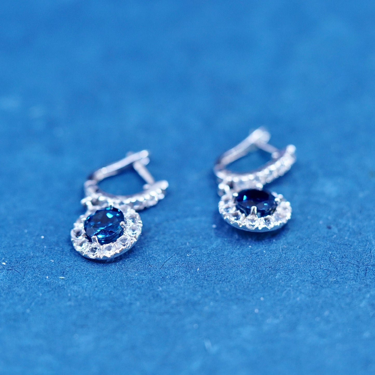 Vintage sterling 925 silver handmade round earrings with blue topaz and cz