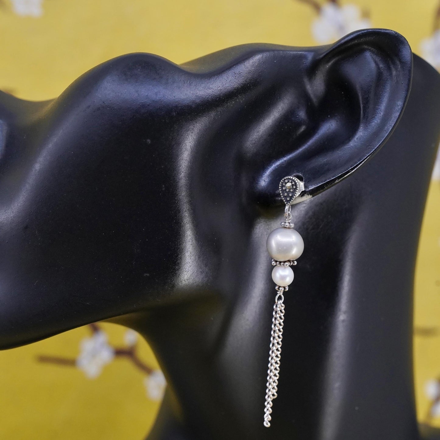 Sterling 925 silver long earrings, freshwater pearl beads marcasites chain