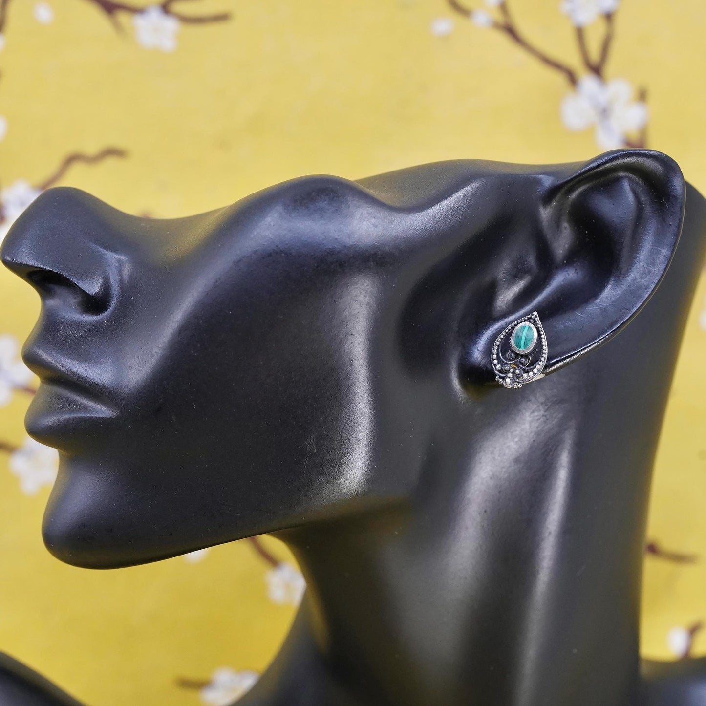 Vintage Sterling silver handmade earrings, 925 teardrop studs malachite inlay.