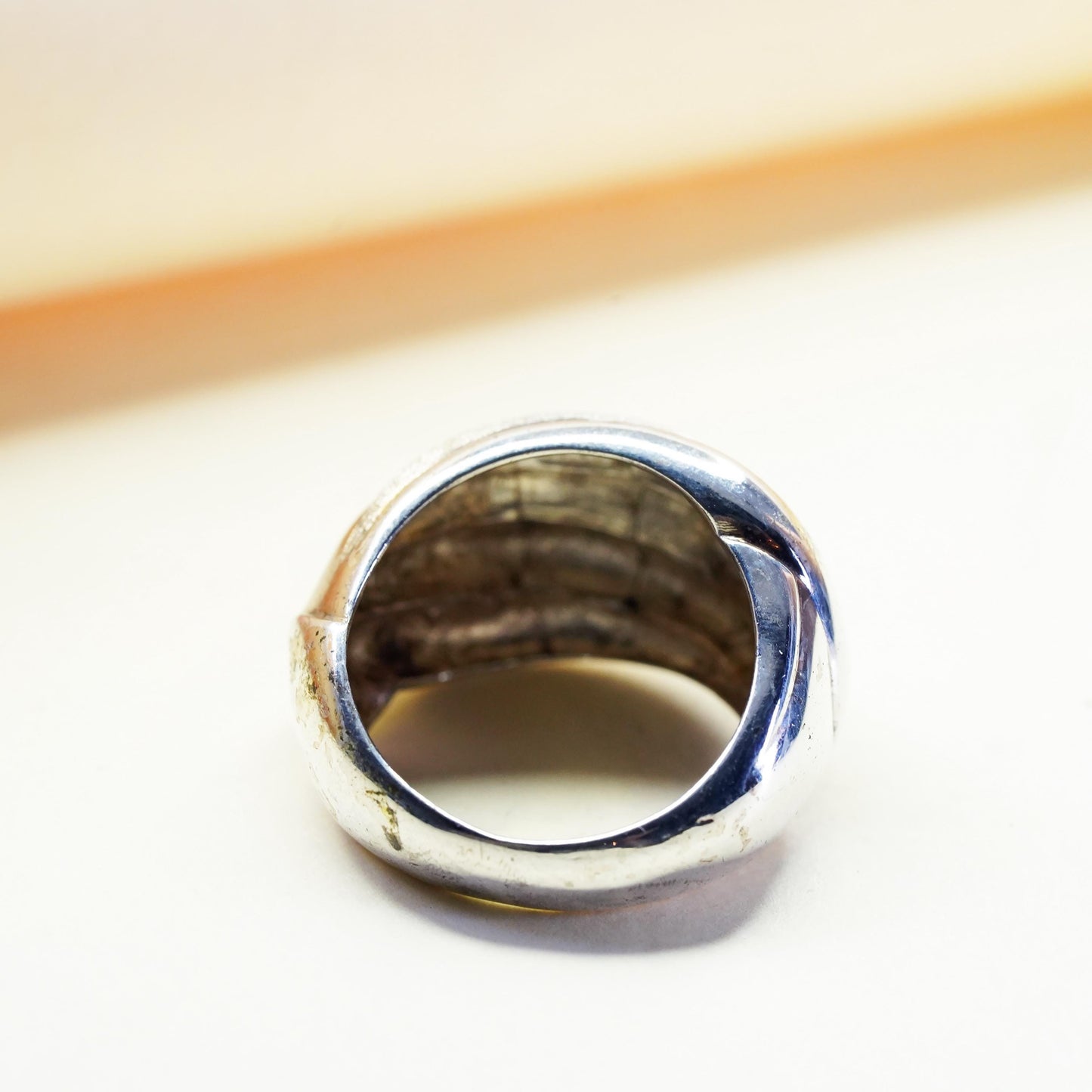 Size 8.25, VTG sterling silver ribbed ring, glitter textured 925 statement band