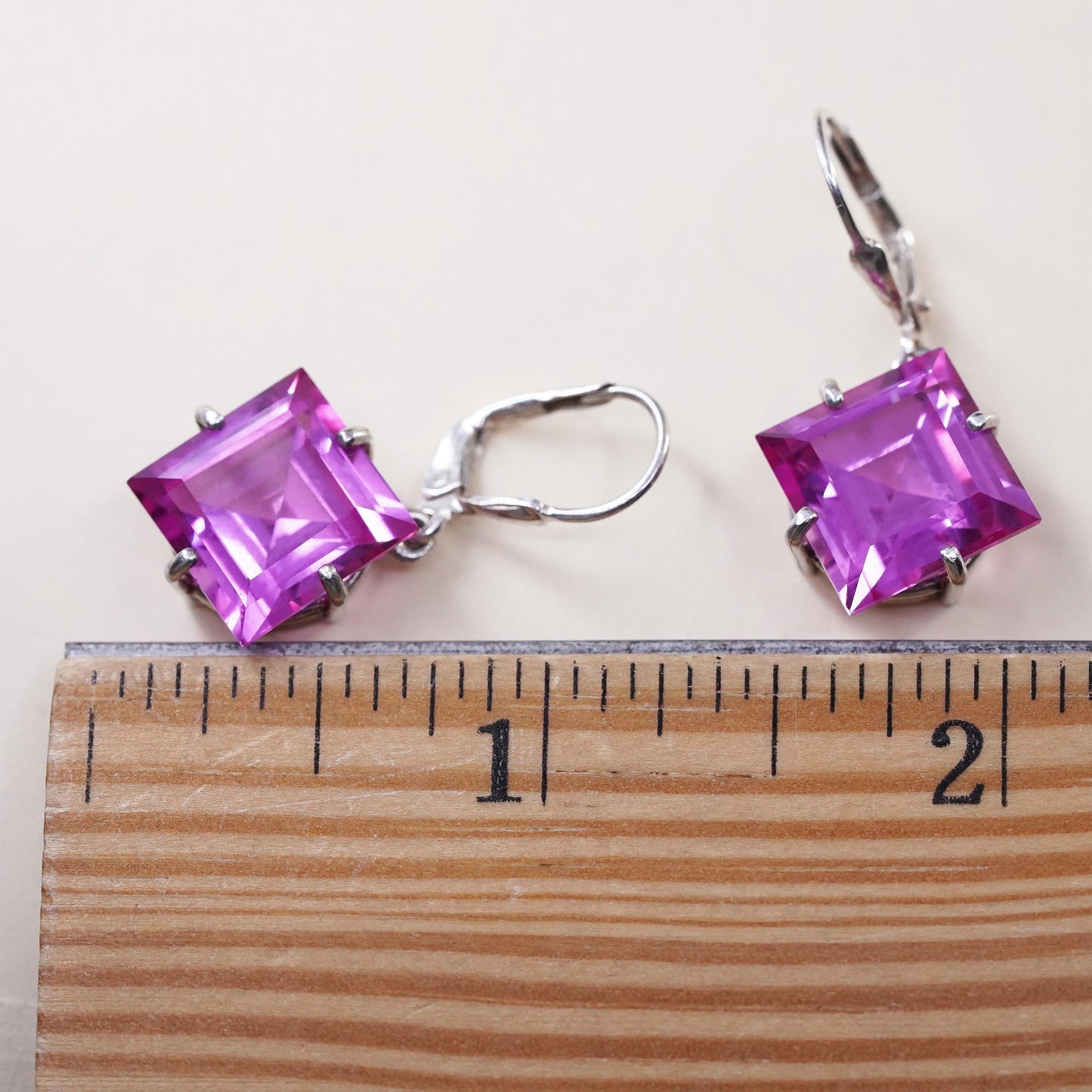 Vintage Sterling 925 silver handmade square earrings with pink crystal