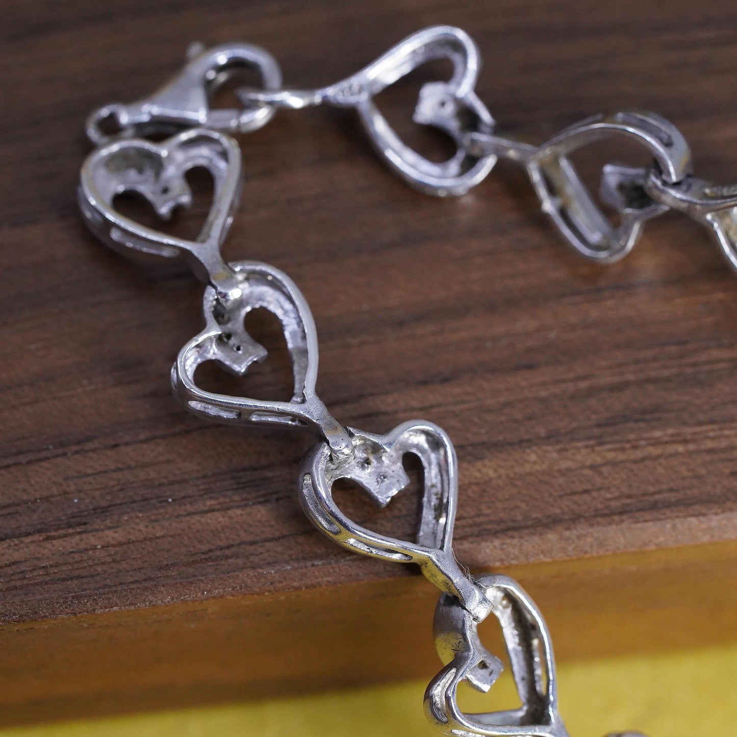 7.5”, vintage Sterling silver tennis bracelet, 925 heart link chain diamonds