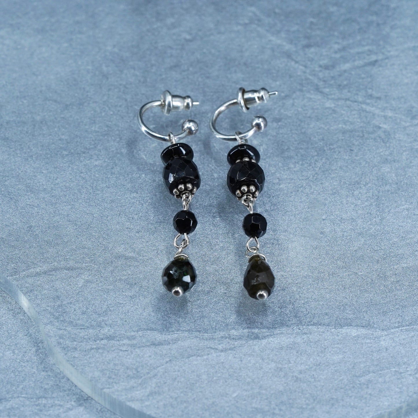0.5”, vintage Sterling silver handmade earrings, 925 hoops with onyx beads