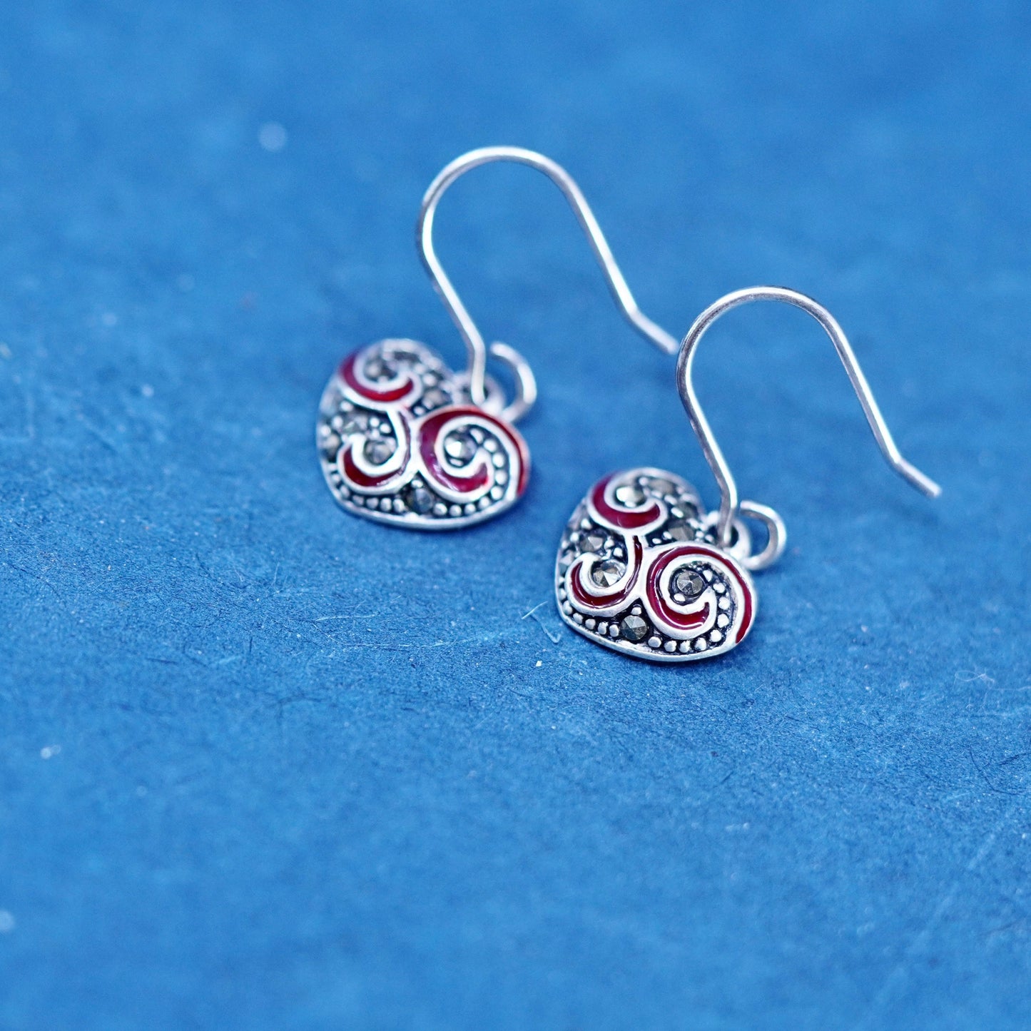 sterling 925 silver handmade heart earrings with red enamel and marcasite