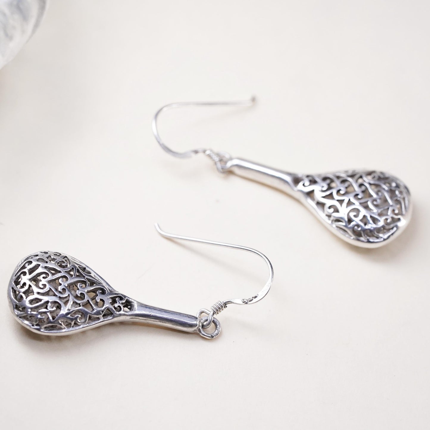 Vintage sterling silver handmade earrings, 925 filigree teardrops
