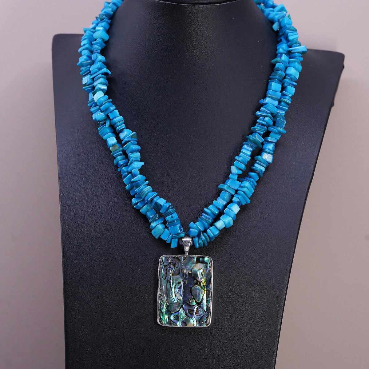18", vintage Sterling 925 silver necklace with double strands turquoise beads