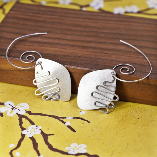 Mexican Sterling silver earrings, 925 Hammered disc swirly sprial dangles