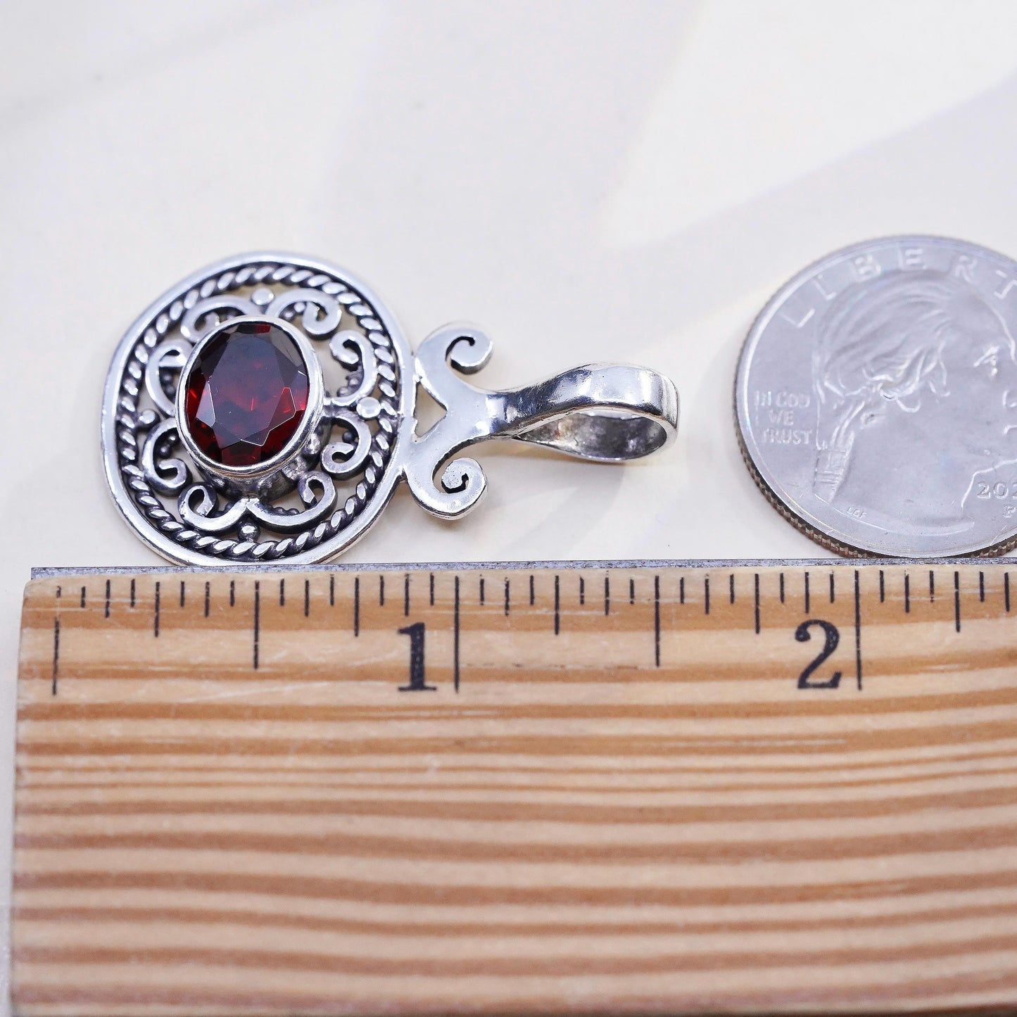VTG 925 Sterling Silver Garnet Filigree Pendant, Red Garnet Scrollwork Charm
