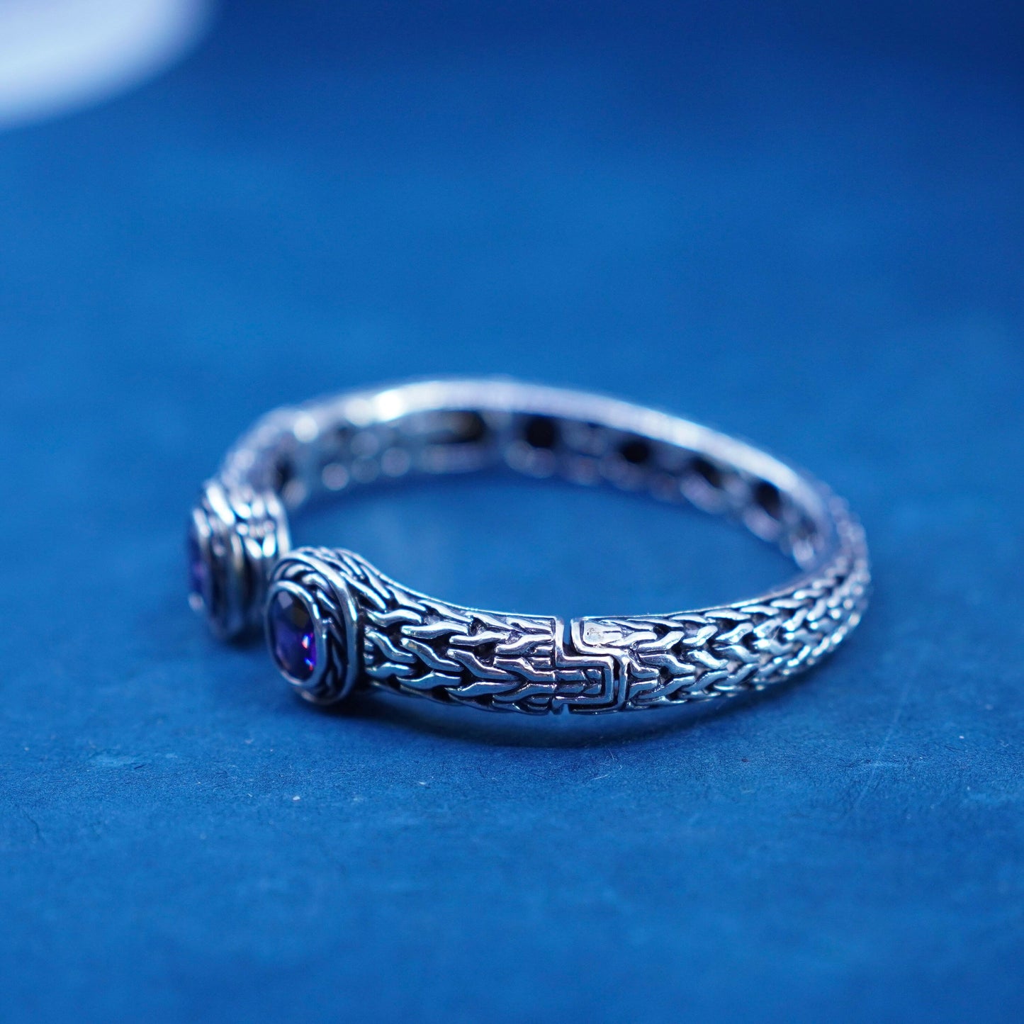 6.5”, sterling silver handmade bracelet, 925 cable cuff with amethyst ends