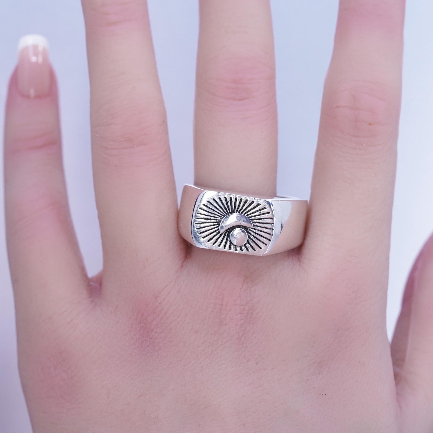 Size 13.5, vintage statement Sterling 925 silver handmade ring, band moon sun