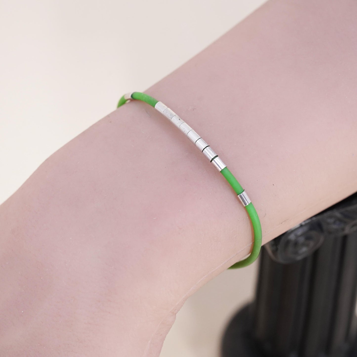6”, Vintage green rubber band stackable bracelet with silver tone details